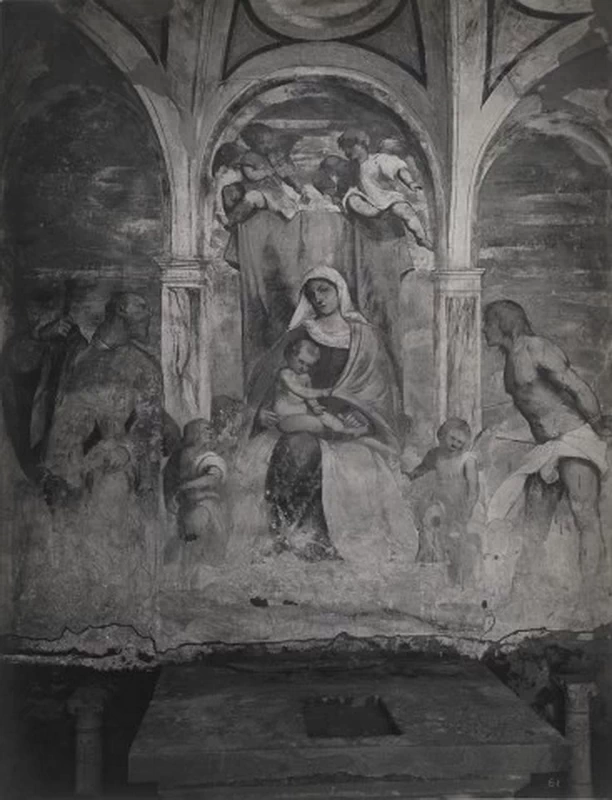Il Romanino-153-Villongo, cappella di San Rocco - Madonna con Bambino in trono tra san Rocco, san Sebastiano e angeli